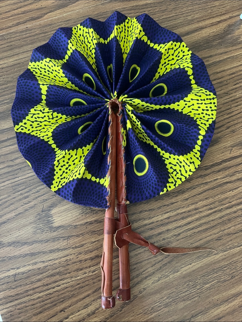 African Ankara handcrafted handheld fan with leather handles